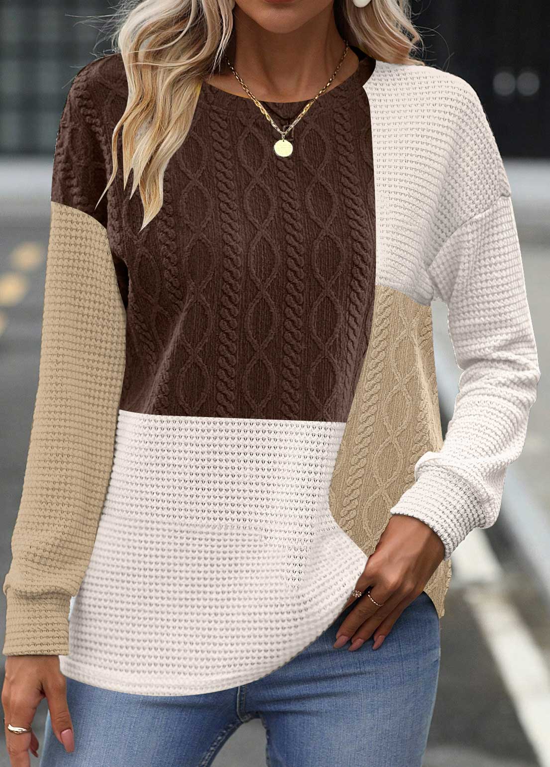 ROTITA Patchwork Dark Coffee Round Neck Long Sleeve Sweatshirt