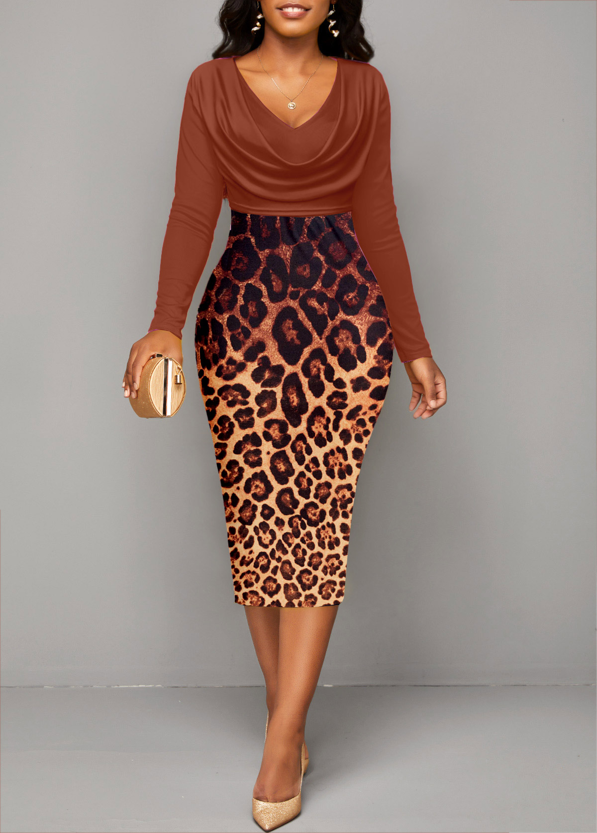 ROTITA Patchwork Leopard Dark Coffee Draped Neck Bodycon Dress