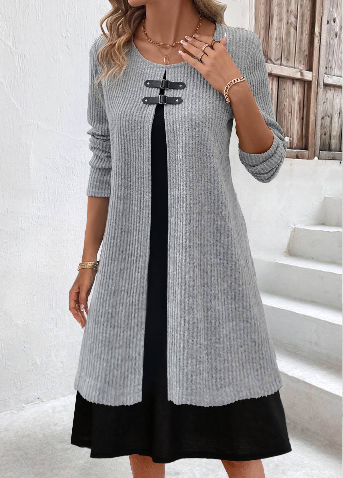 ROTITA Fake 2in1 Light Grey Marl A Line Dress