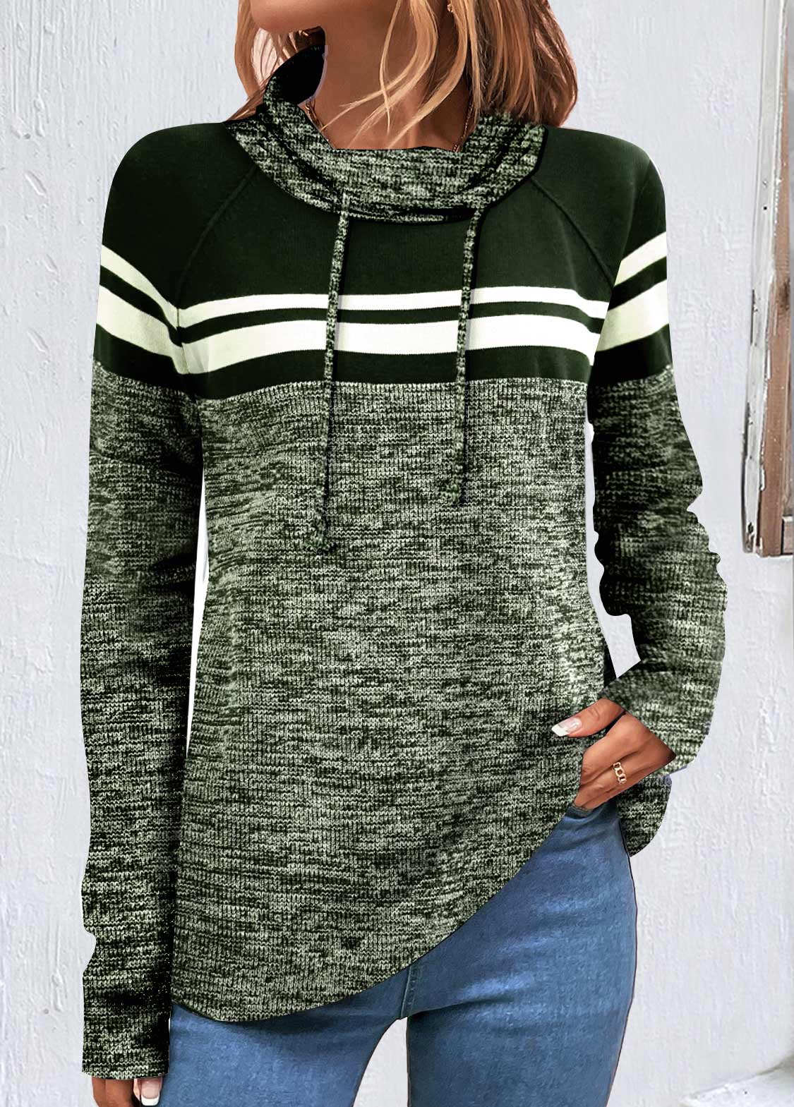 ROTITA Patchwork Striped Blackish Green Cowl Neck Long Sleeve Sweatshirt