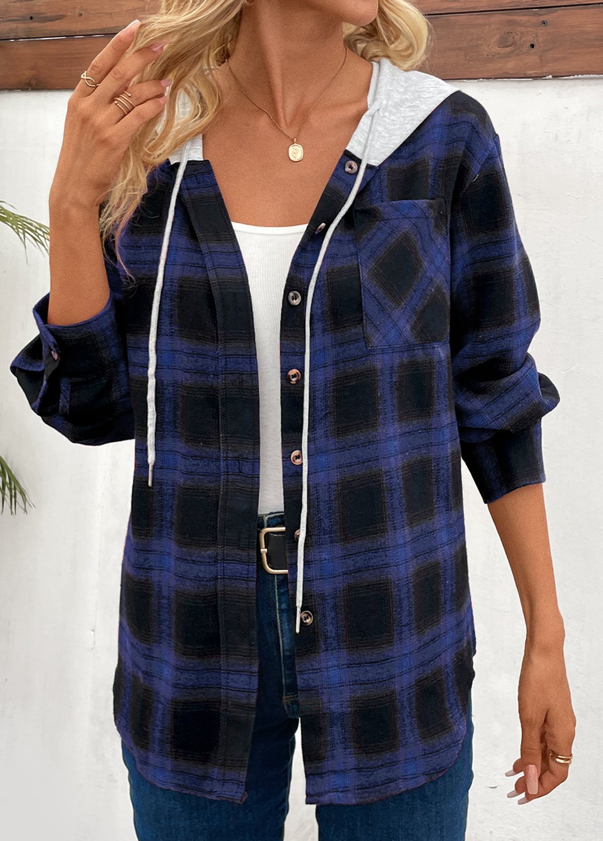 Patchwork Plaid Blue Hooded Long Sleeve Coat