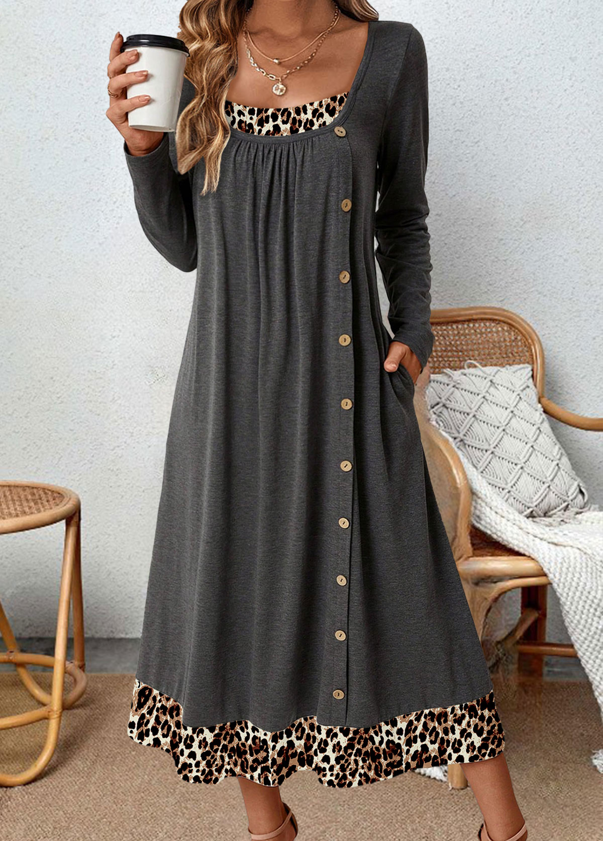 ROTITA Plus Size Button Dark Grey Leopard A Line Dress