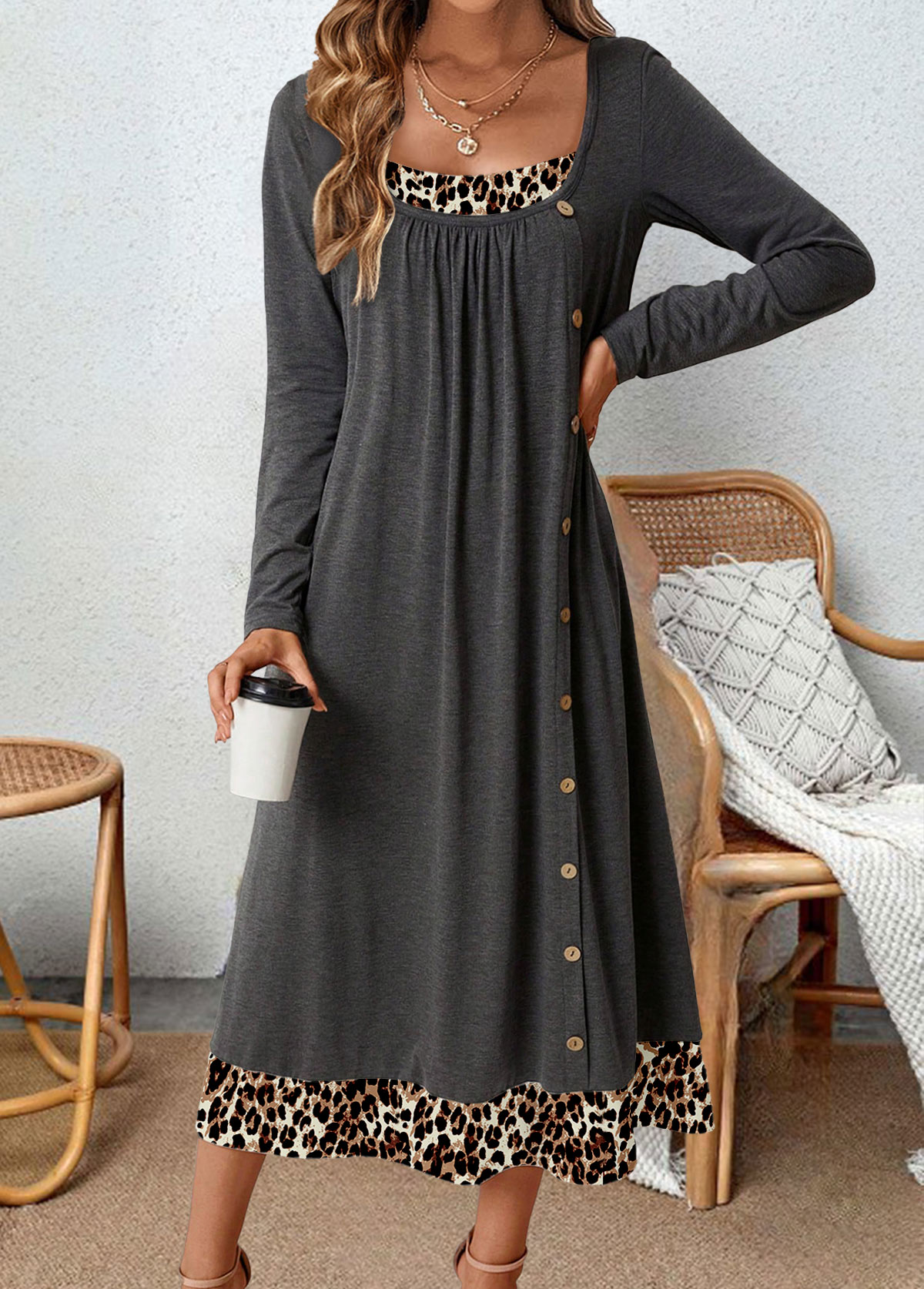Dark Grey dresses,Leopard dresses,Everyday dresses,Casual dresses,ROTITA Tummy Coverage Leopard Dark Grey Square Neck Dress