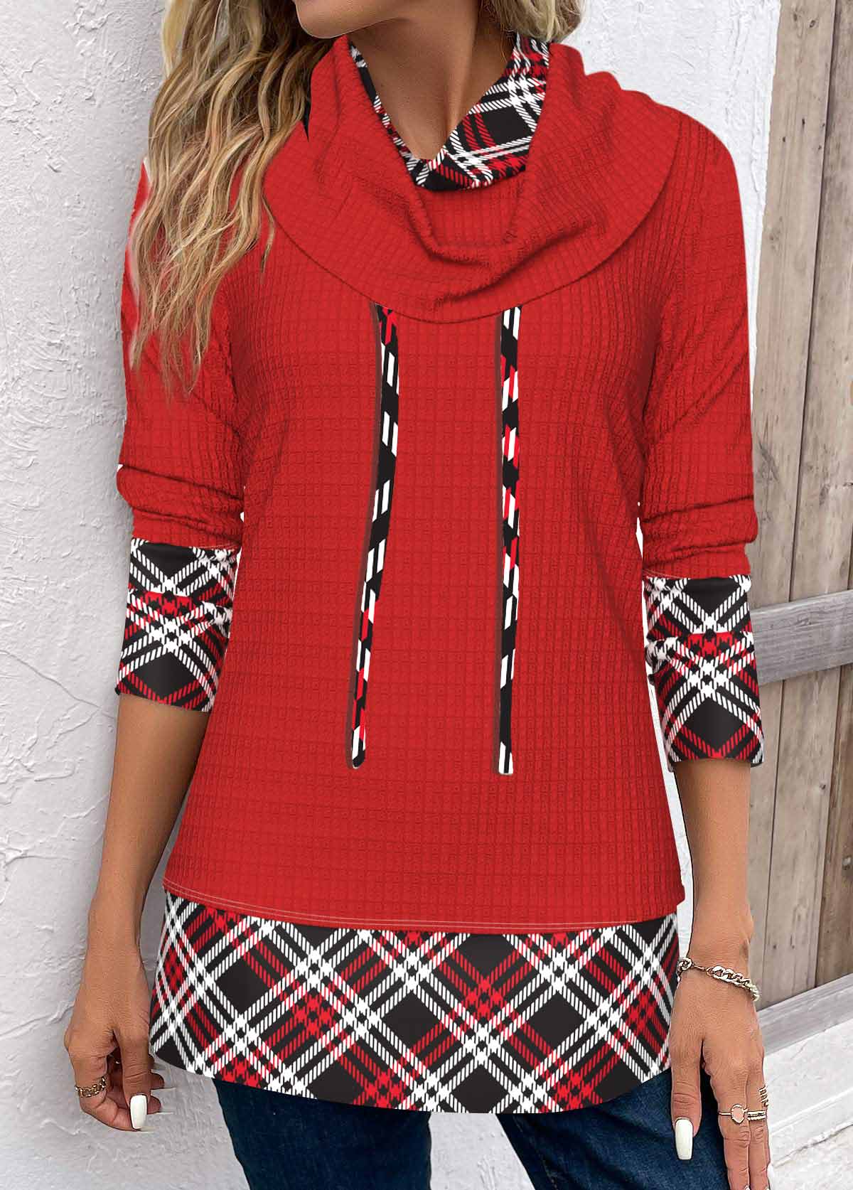 ROTITA Patchwork Plaid Red Cowl Neck Long Sleeve Sweatshirt