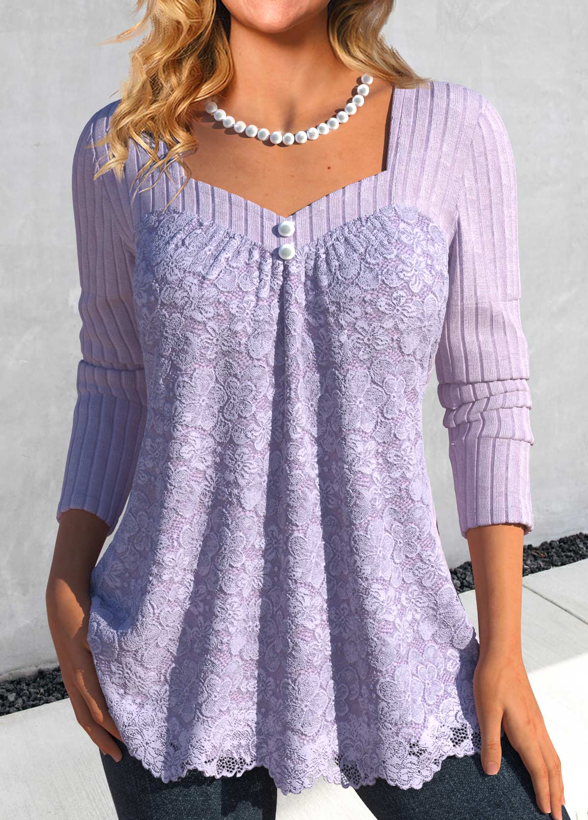 ROTITA Lace Light Purple Heart Collar Long Sleeve T Shirt