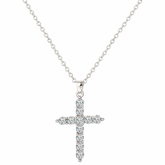 Cross Alloy Rhinestone Silvery White Necklace