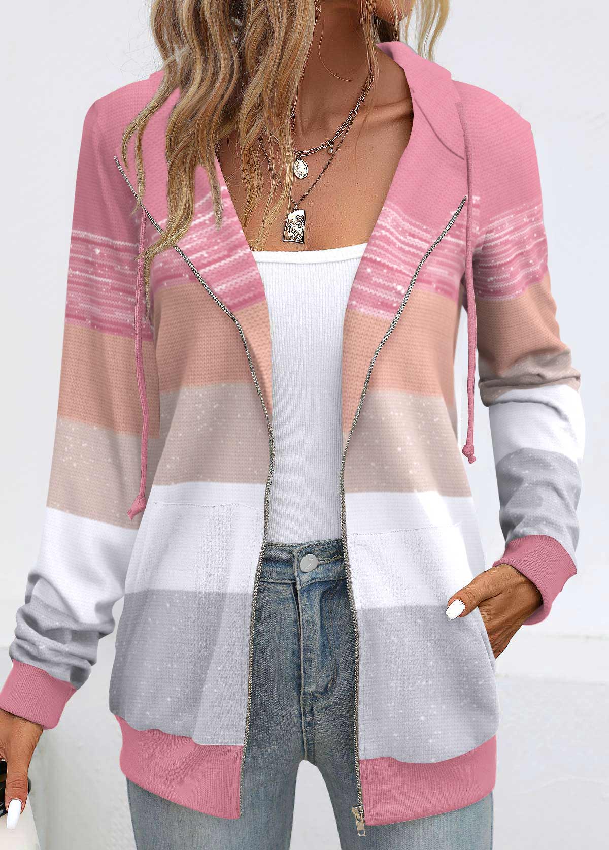 ROTITA Pocket Geometric Print Pink Long Sleeve Hoodie