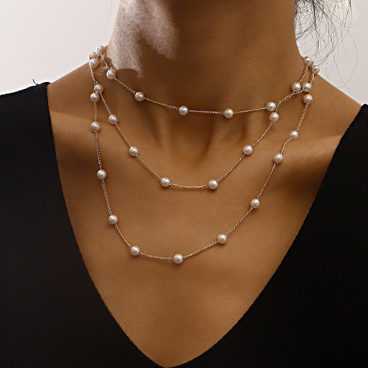 White Patchwork Layered Pearl Detail Necklace