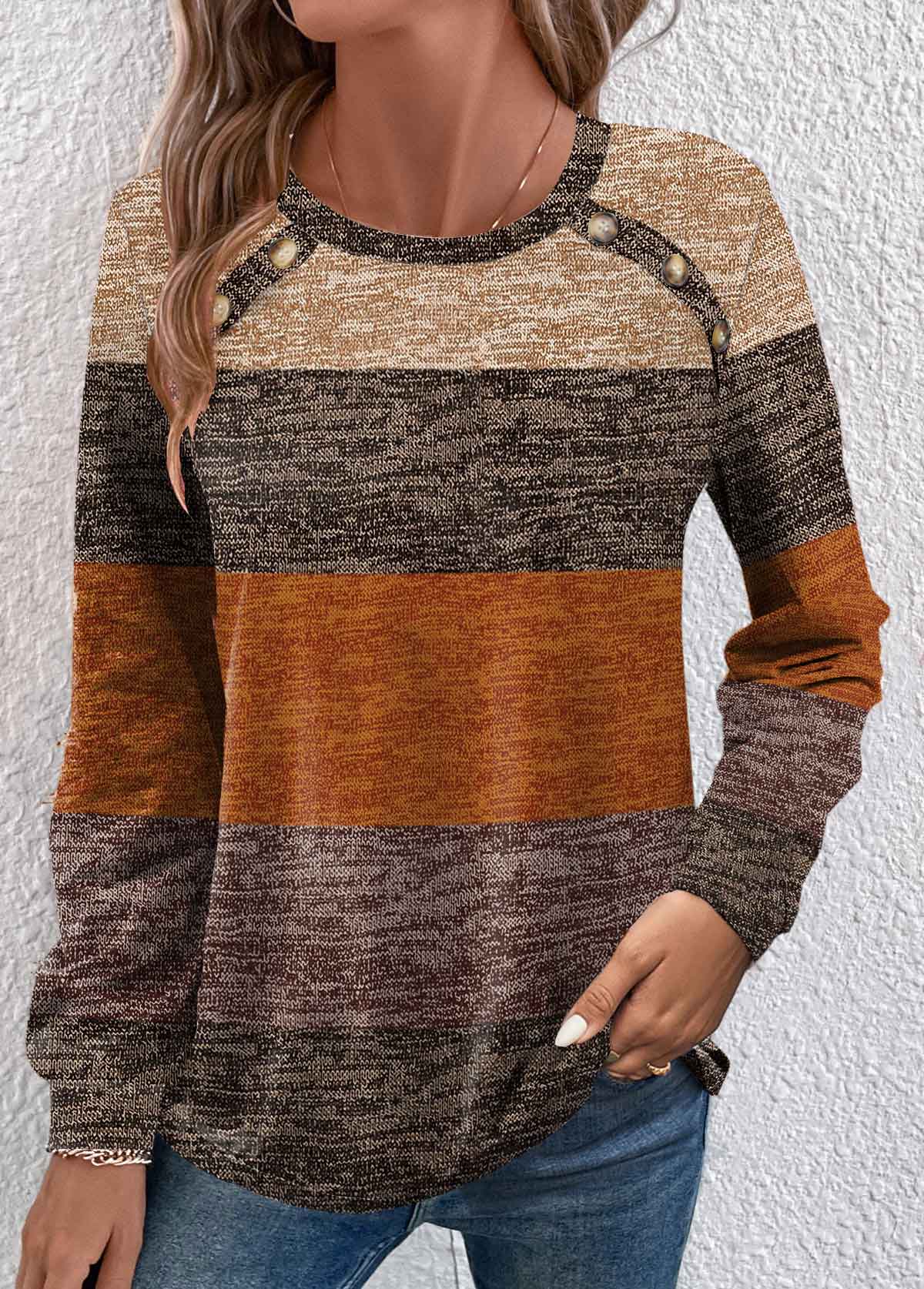 ROTITA Button Striped Dark Camel Round Neck T Shirt