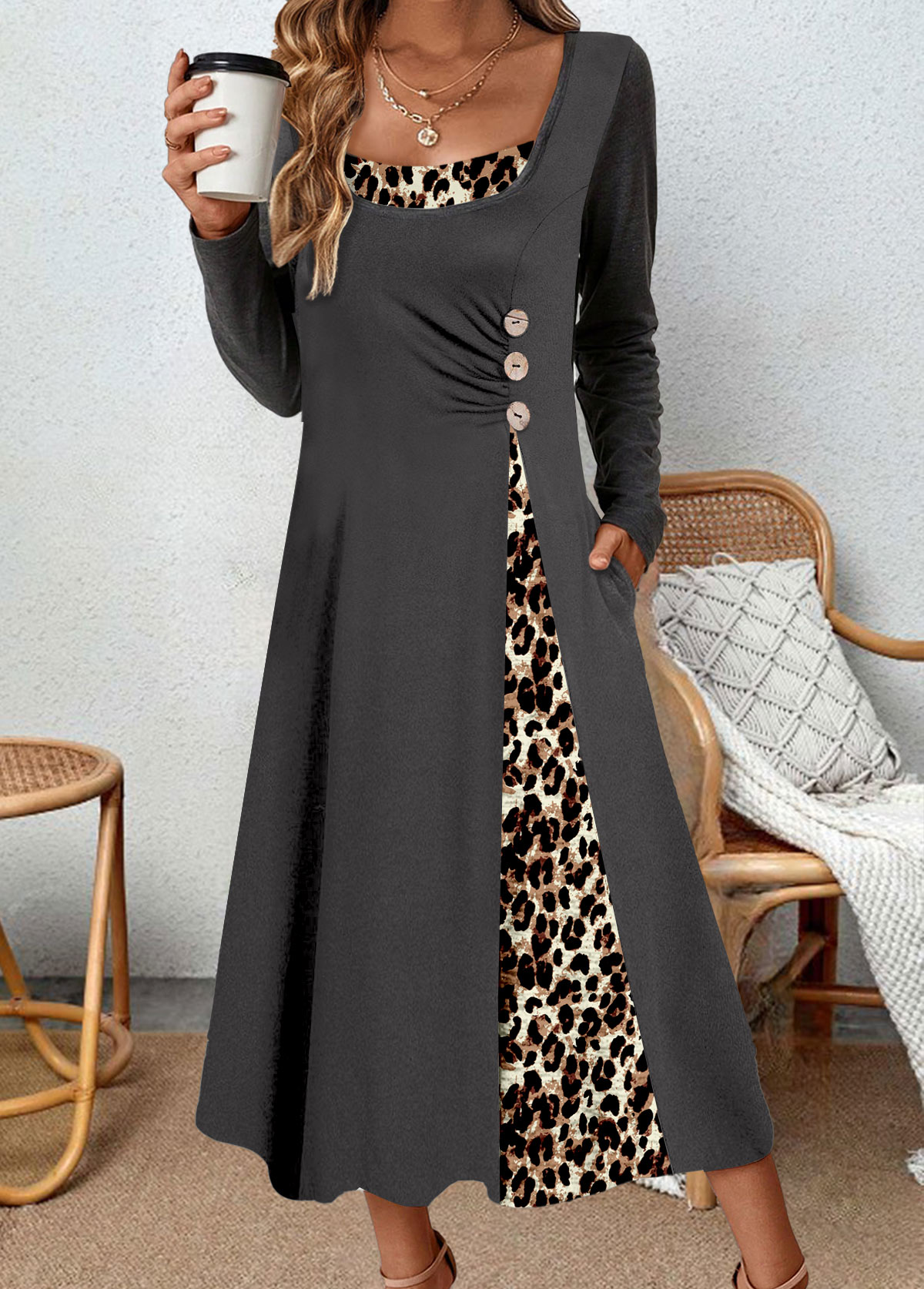 ROTITA Asymmetry Leopard Dark Grey A Line Round Neck Dress