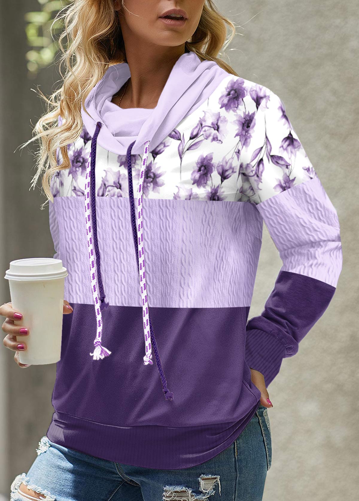 ROTITA Patchwork Floral Print Light Purple Cowl Neck Sweatshirt