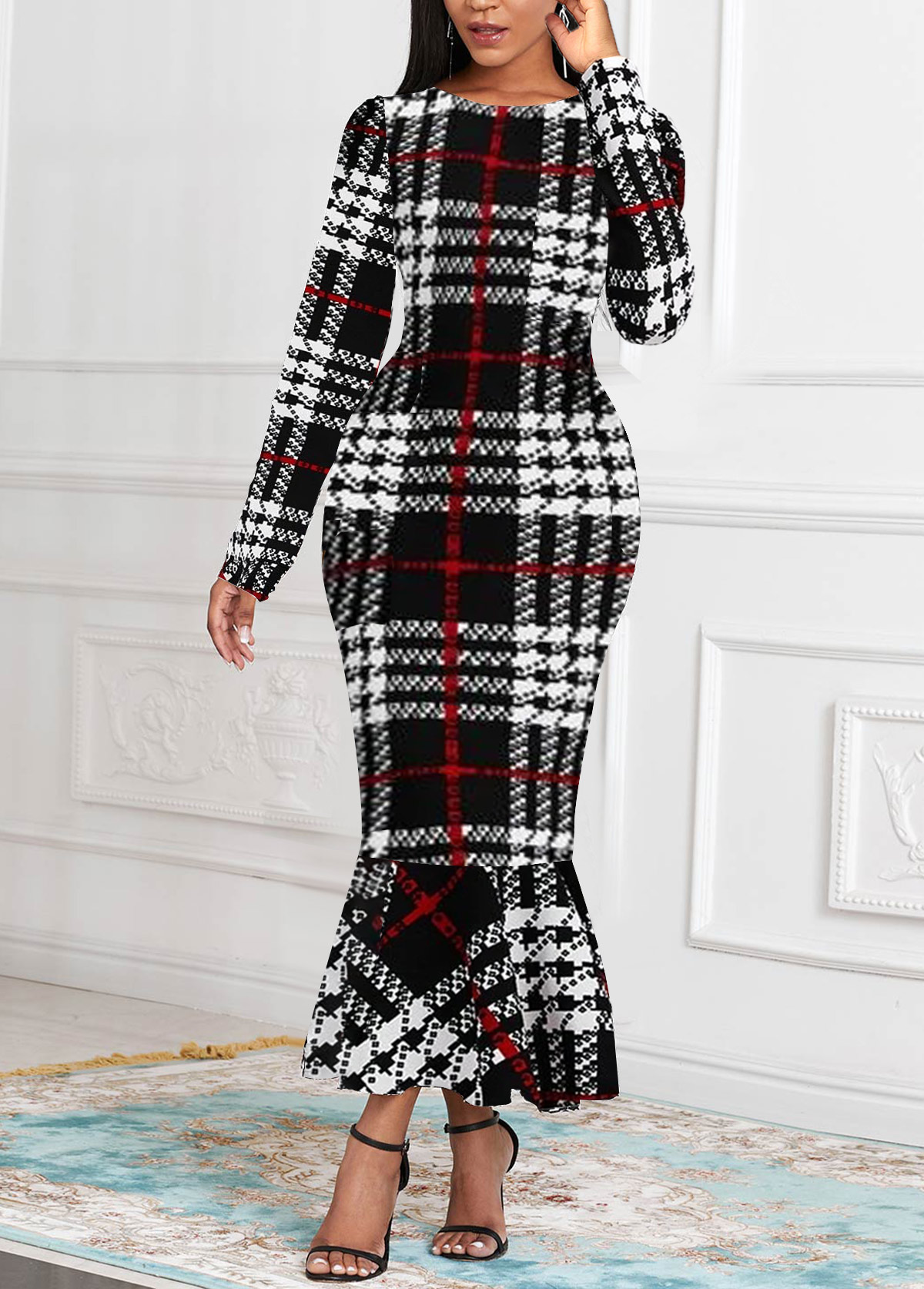 Black dresses,Plaid dresses,Striped dresses,Party dresses,Elegant dresses,ROTITA Mermaid Plaid Black Round Neck Long Sleeve Bodycon Dress