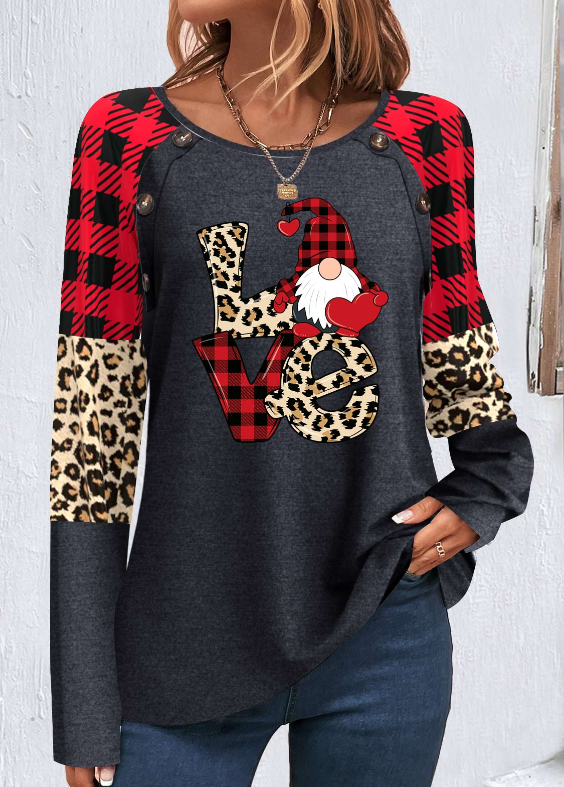 ROTITA Patchwork Christmas Print Red Round Neck Long Sleeve Sweatshirt