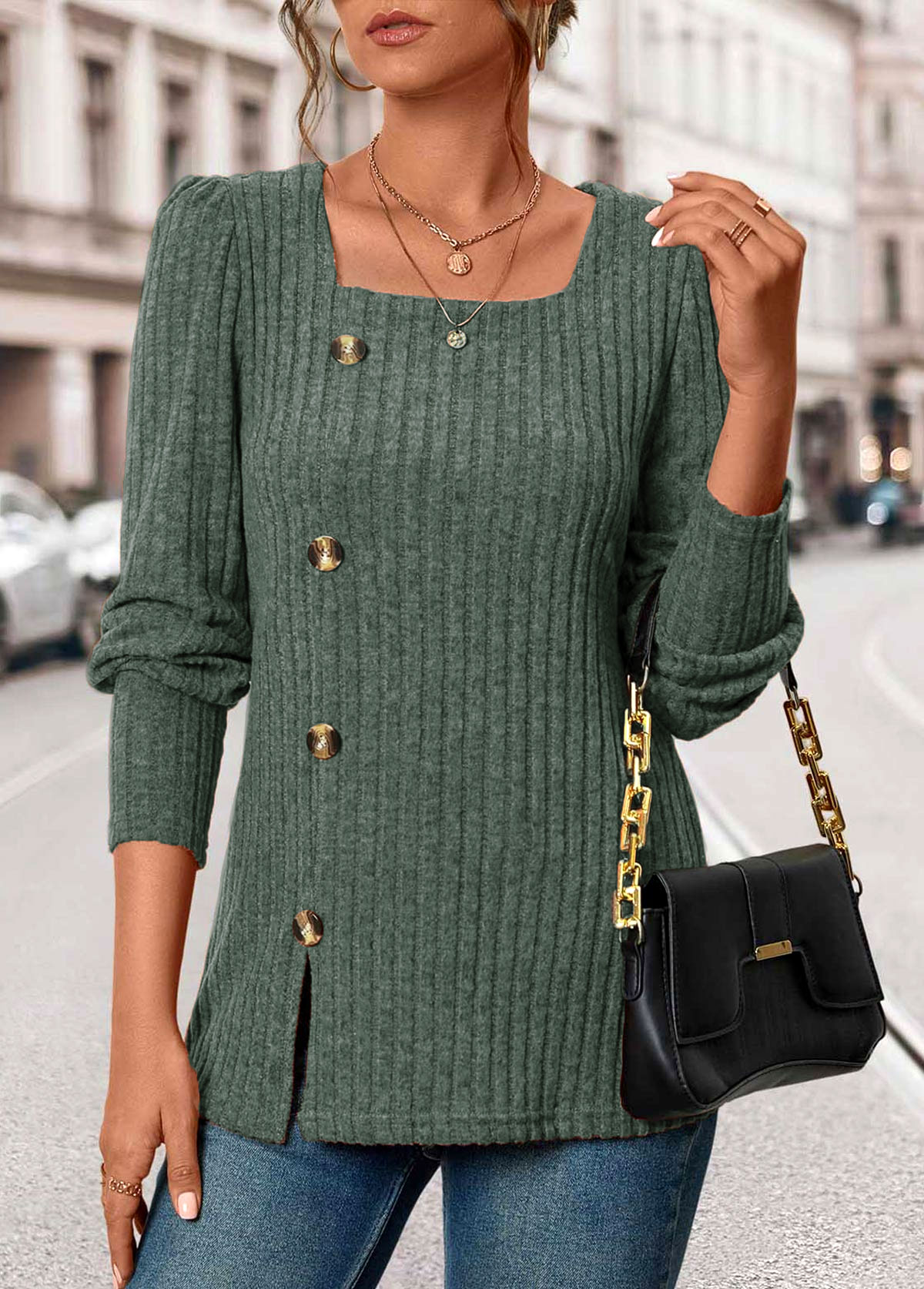 Button Olive Green Square Neck Long Sleeve T Shirt