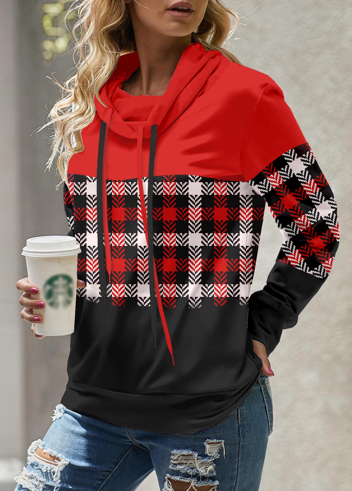 ROTITA Patchwork Plaid Red Cowl Neck Long Sleeve Sweatshirt