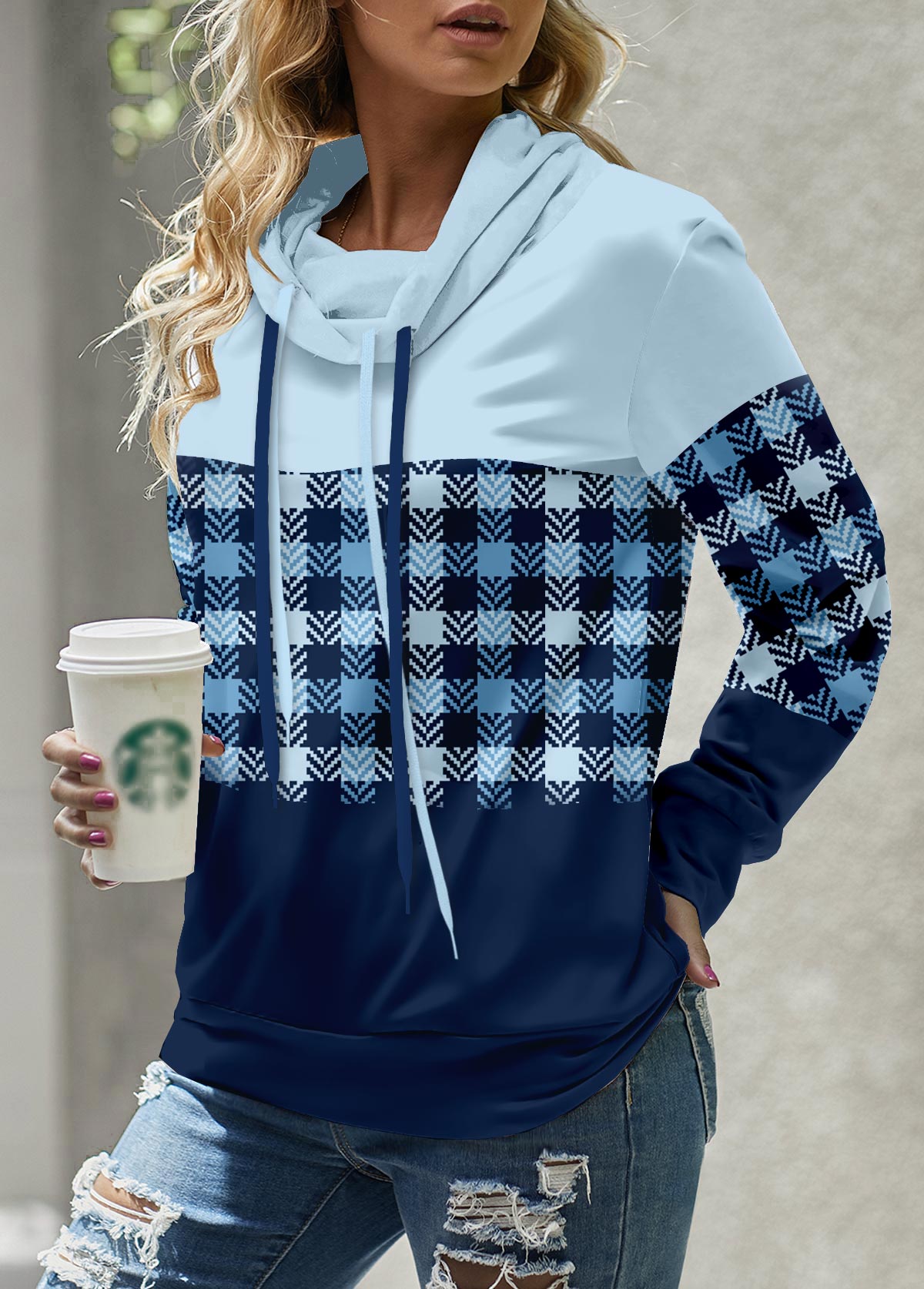 ROTITA Patchwork Plaid Light Blue Cowl Neck Long Sleeve Sweatshirt