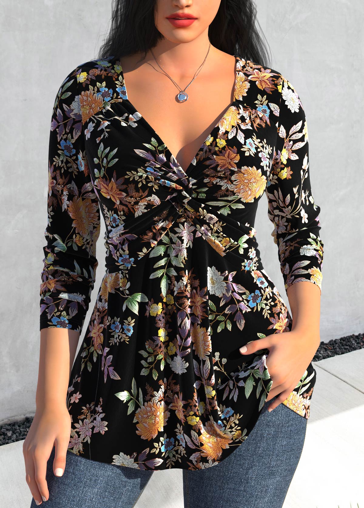 ROTITA Velvet Floral Print Black V Neck T Shirt