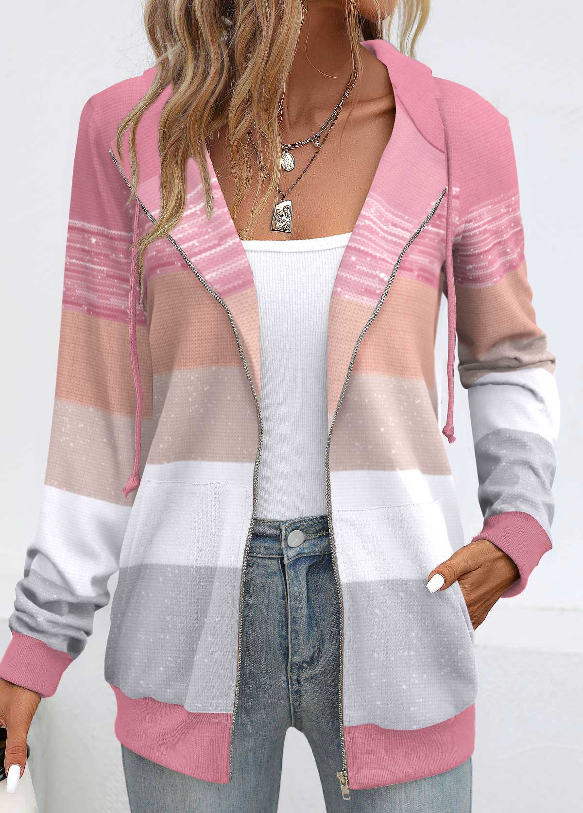 ROTITA Plus Size Pocket Pink Geometric Print Long Sleeve Hoodie