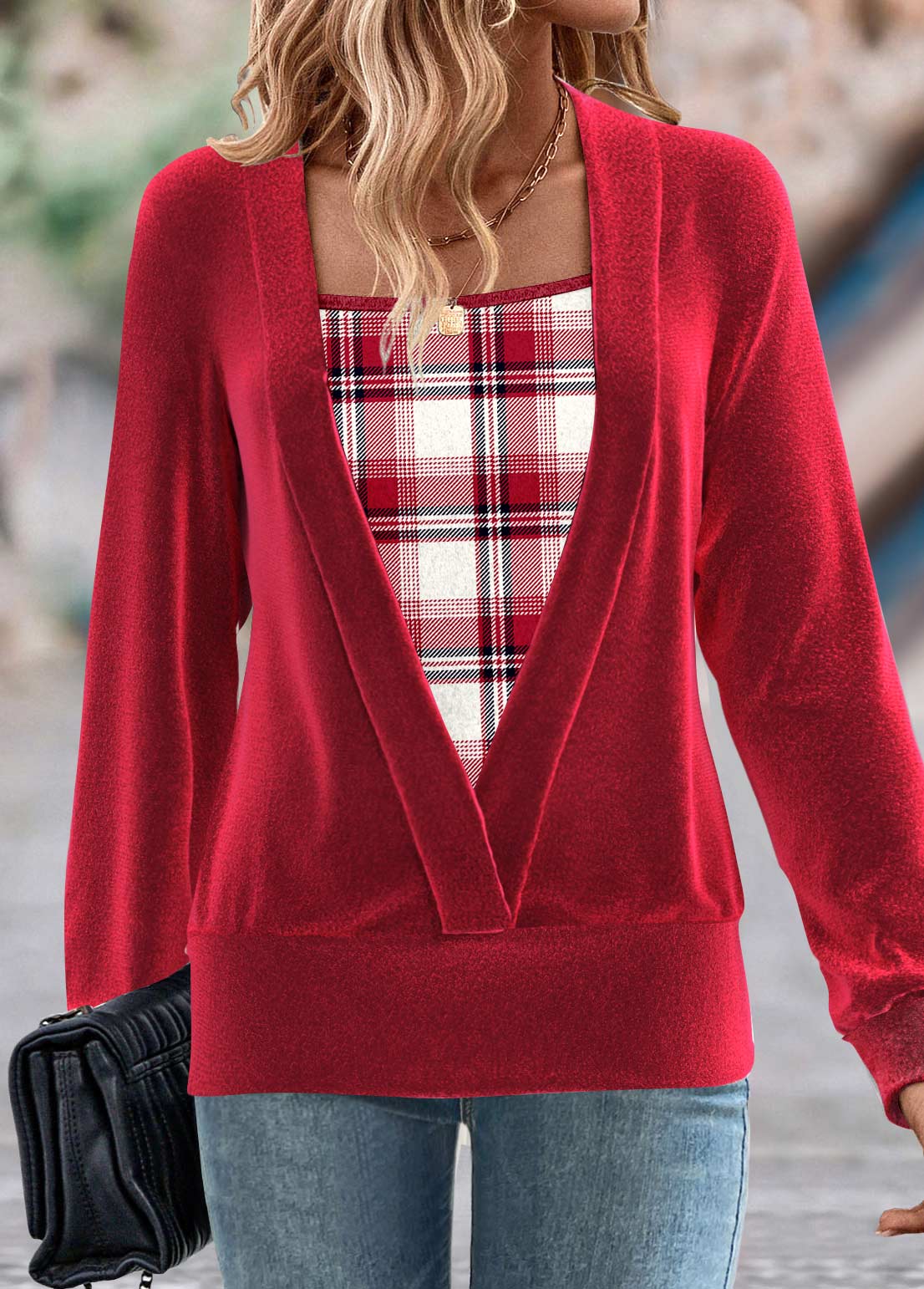ROTITA Fake 2in1 Plaid Red Square Neck Long Sleeve Sweatshirt