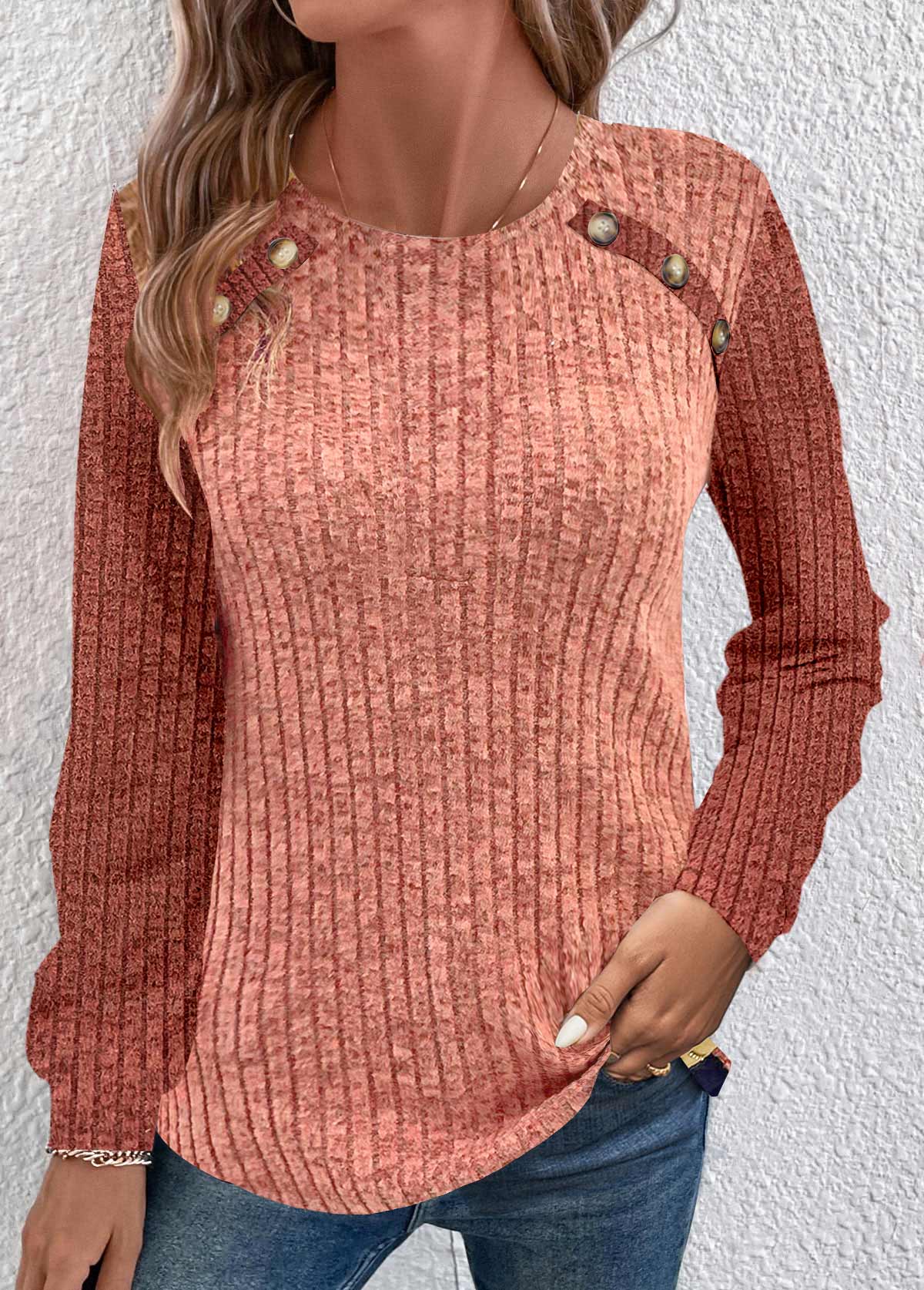 rotita sweat-shirt froncé à manches longues et col rond rose poussiéreux