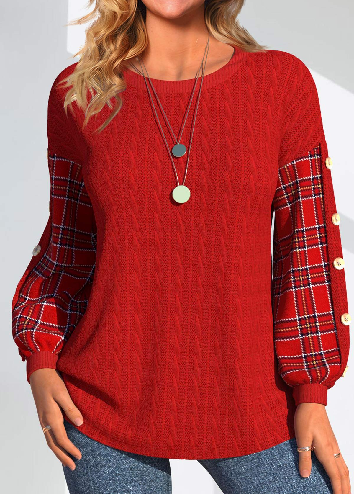 ROTITA Button Plaid Red Round Neck Long Sleeve Sweatshirt