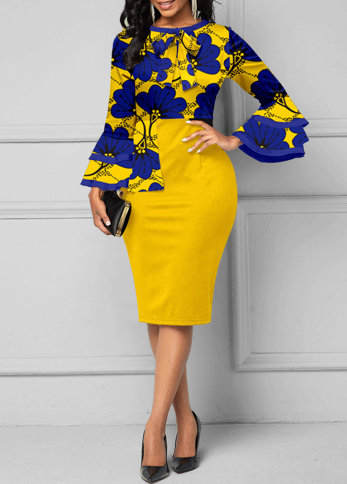 ROTITA Contrast Binding Floral Print Yellow Round Neck Dress