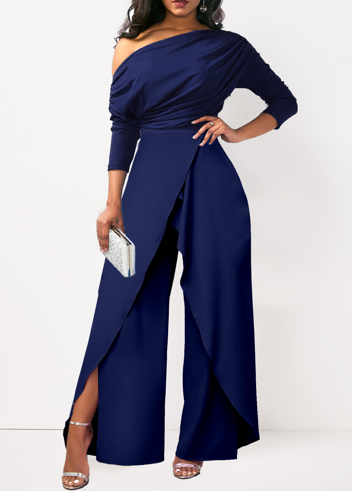 Navy jumpsuits&rompers,Plain Color jumpsuits&rompers,ROTITA Asymmetry Navy Long One Shoulder Jumpsuit