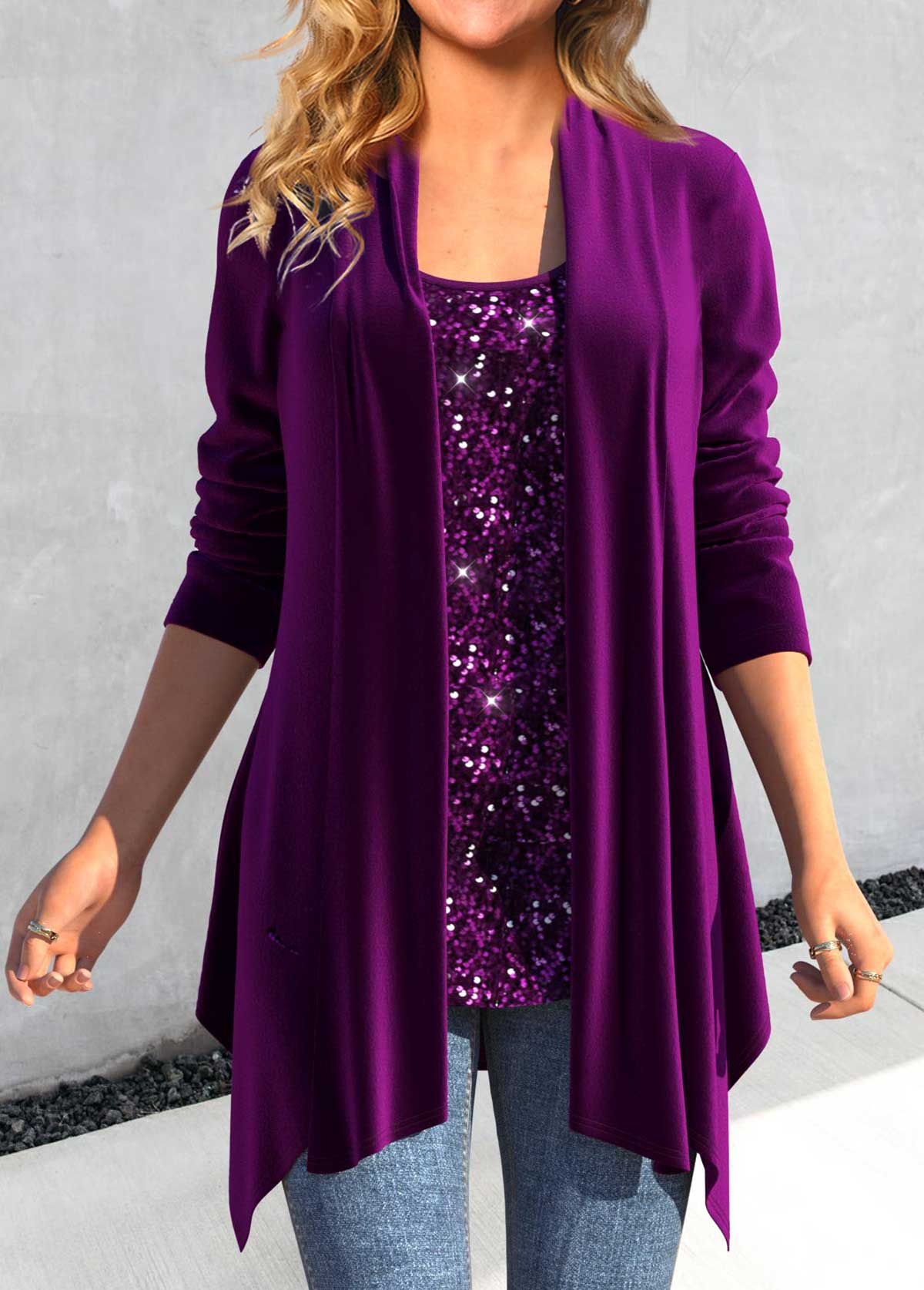 ROTITA Sequin Purple Square Neck Long Sleeve Blouse