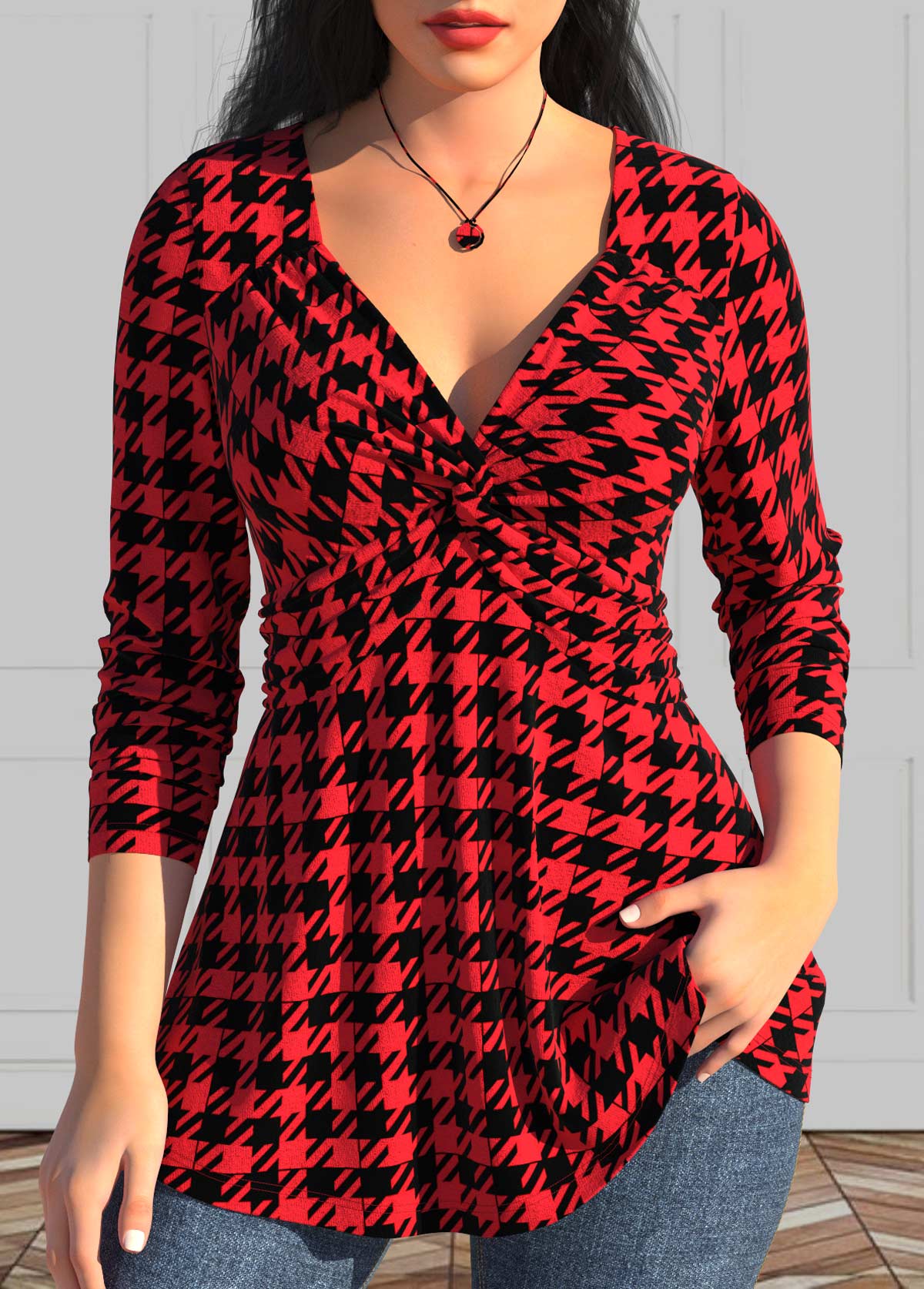 ROTITA Twist Geometric Print Red Heart Collar T Shirt