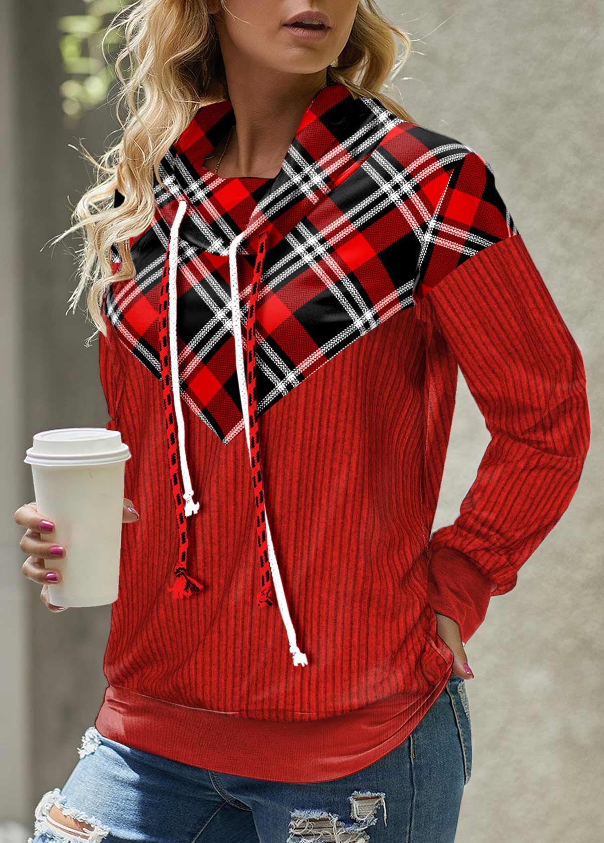 ROTITA Patchwork Plaid Red Cowl Neck Long Sleeve Sweatshirt