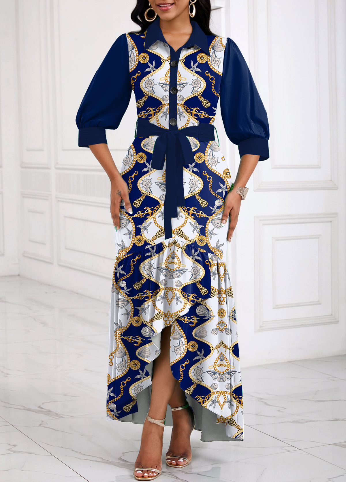 ROTITA Patchwork Tribal Print Navy Belted High Low Dress