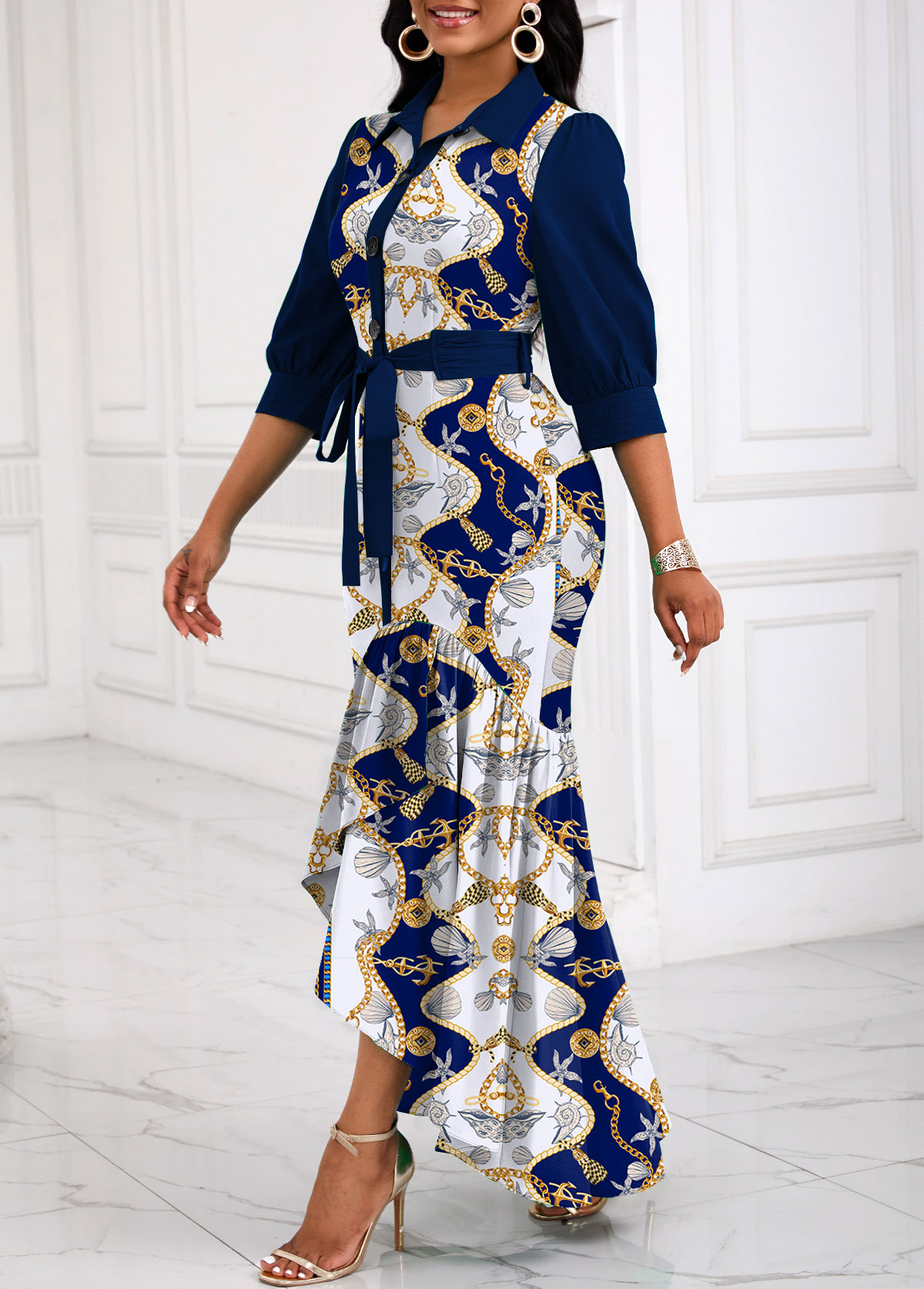 Navy dresses,Raw white dresses,Tribal dresses,Animal Print dresses,Party dresses,Elegant dresses,ROTITA Patchwork Tribal Print Navy Belted High Low Dress