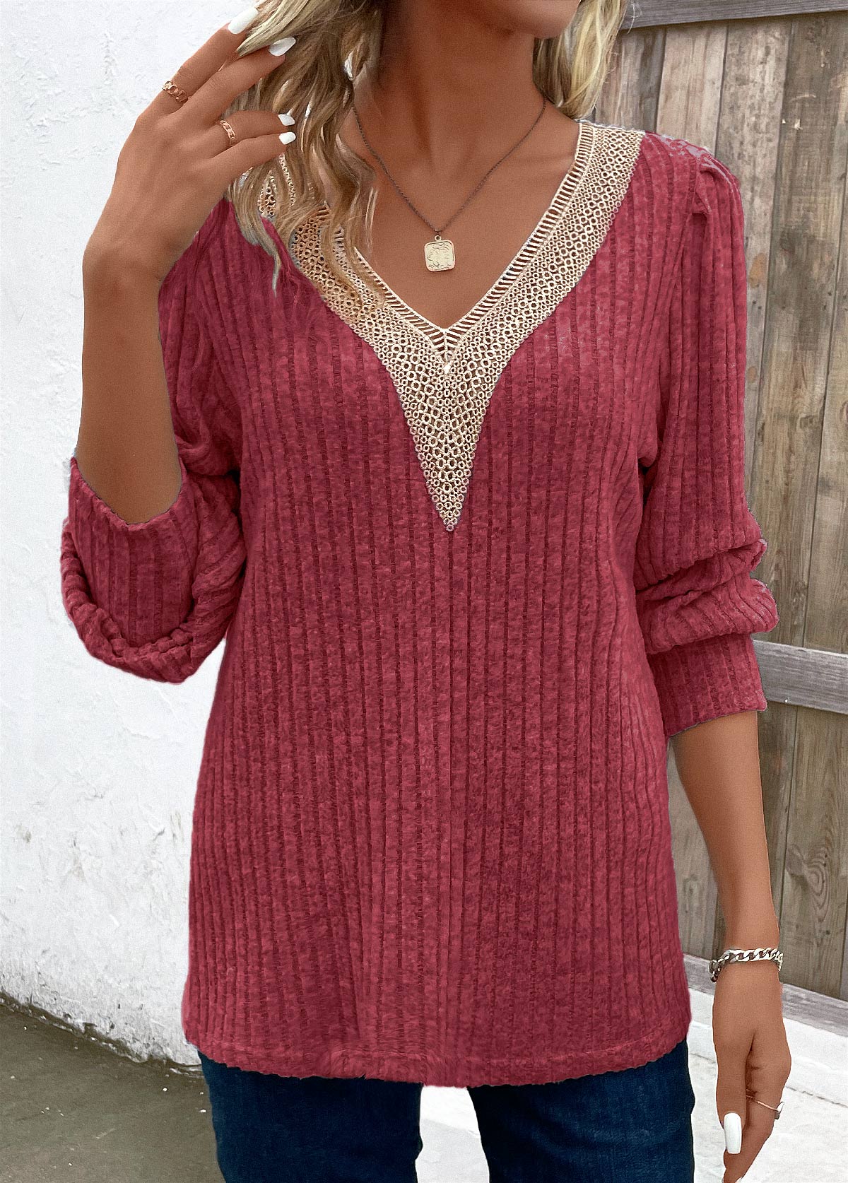 Patchwork Wine Red V Neck Long Sleeve T Shirt