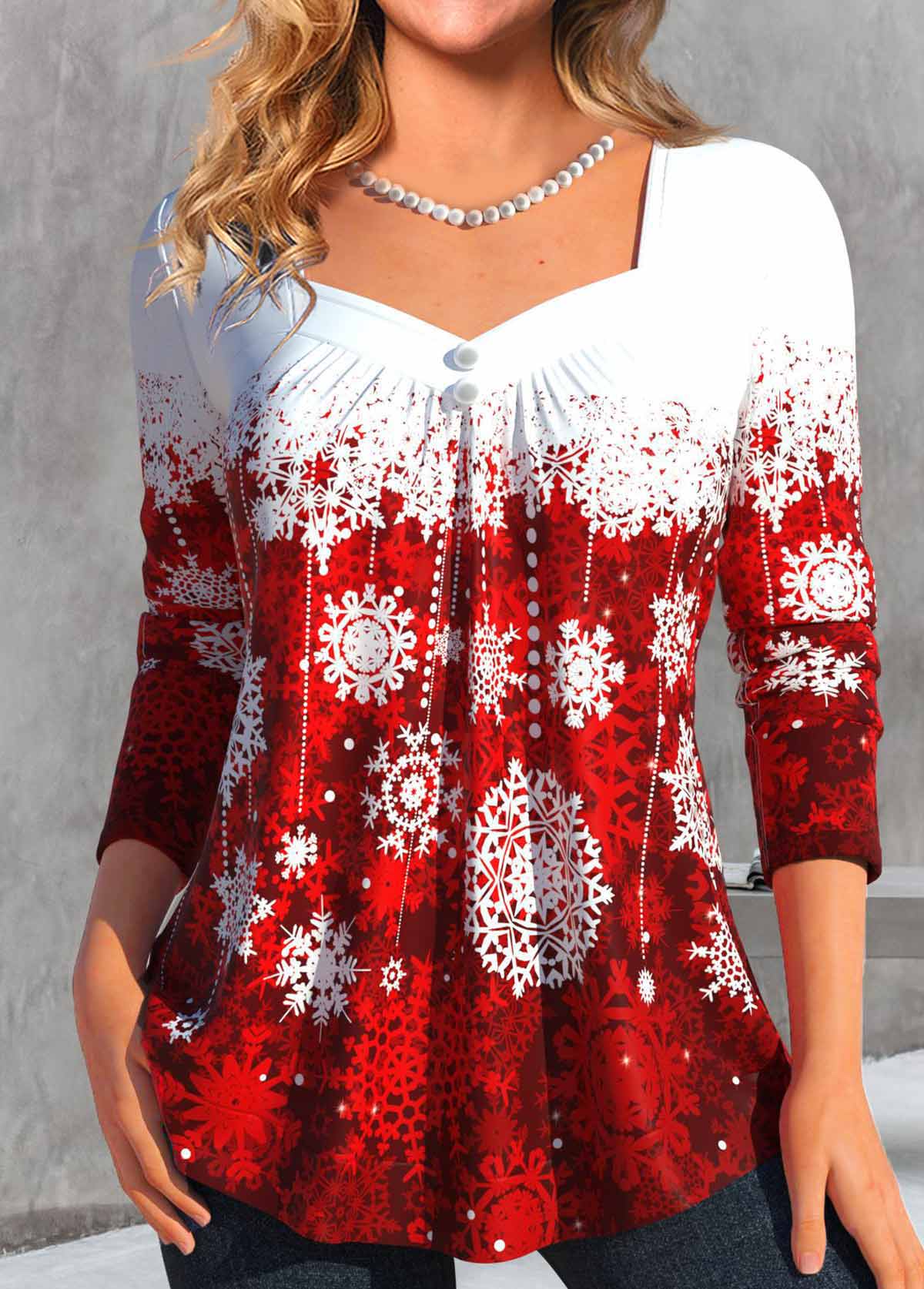 ROTITA Button Snowflake Print Wine Red Heart Collar T Shirt