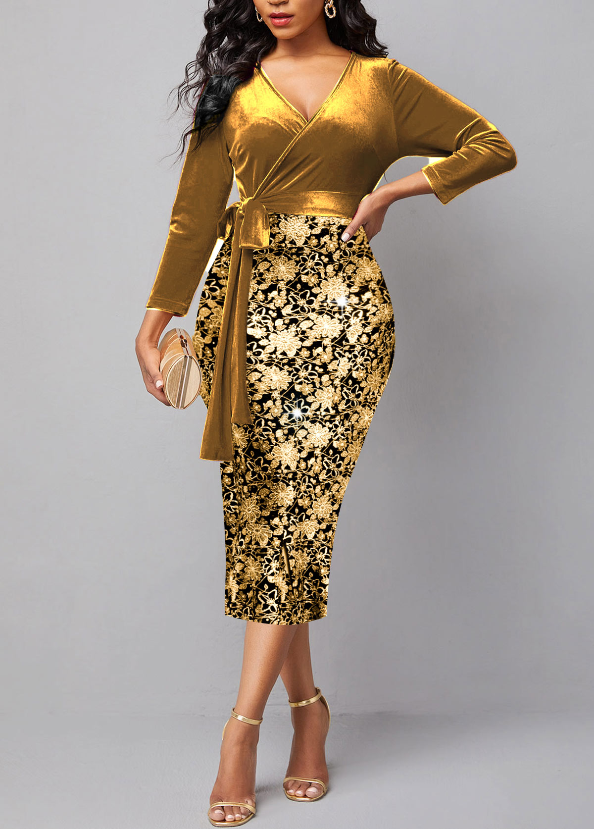 ROTITA New Year Hot Stamping Floral Print Golden Belted Dress