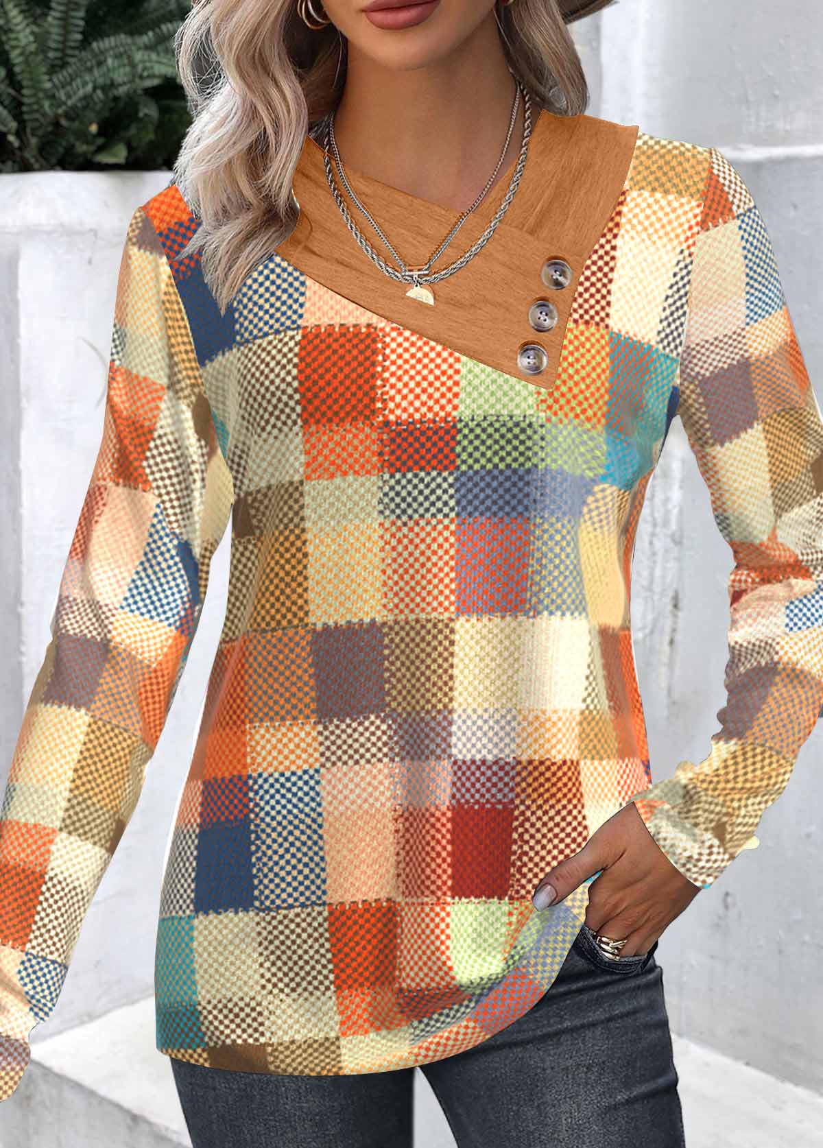 ROTITA Patchwork Geometric Print Multi Color Asymmetrical Neck Sweatshirt