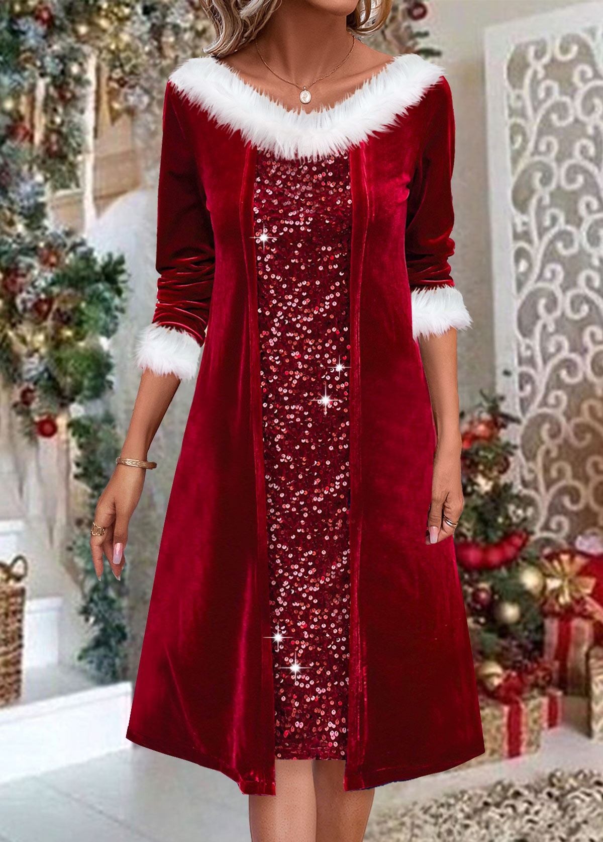 ROTITA Fur Collar Red A Line Dress