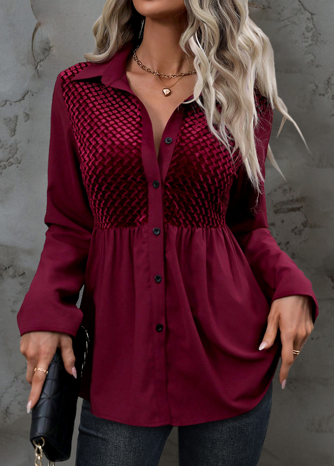 ROTITA Velvet Dark Reddish Purple Shirt Collar Long Sleeve Blouse