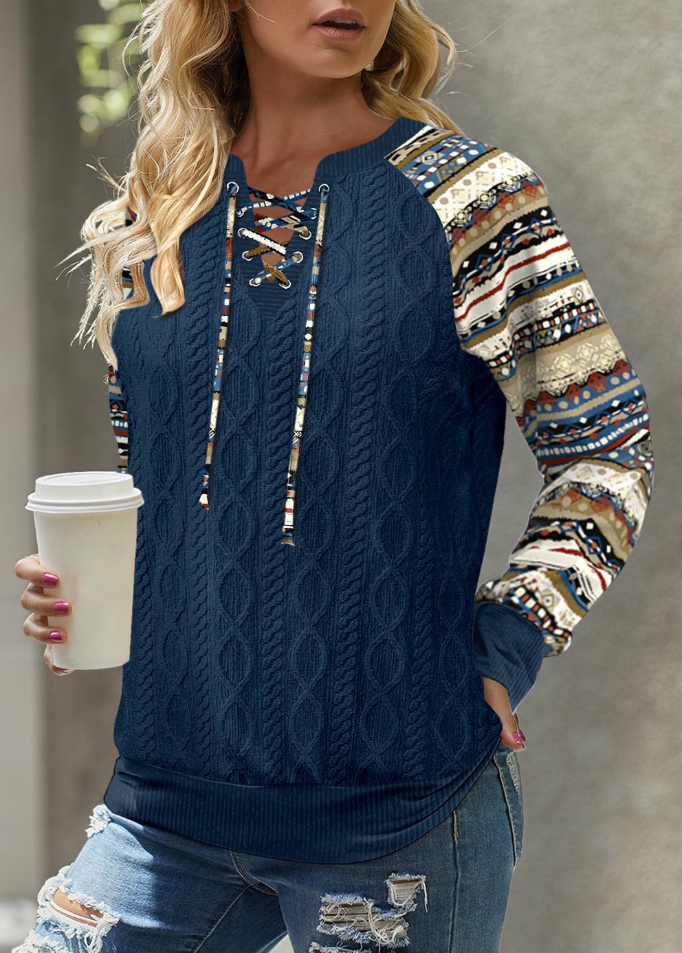 ROTITA Patchwork Tribal Print Navy Split Neck Long Sleeve Sweatshirt