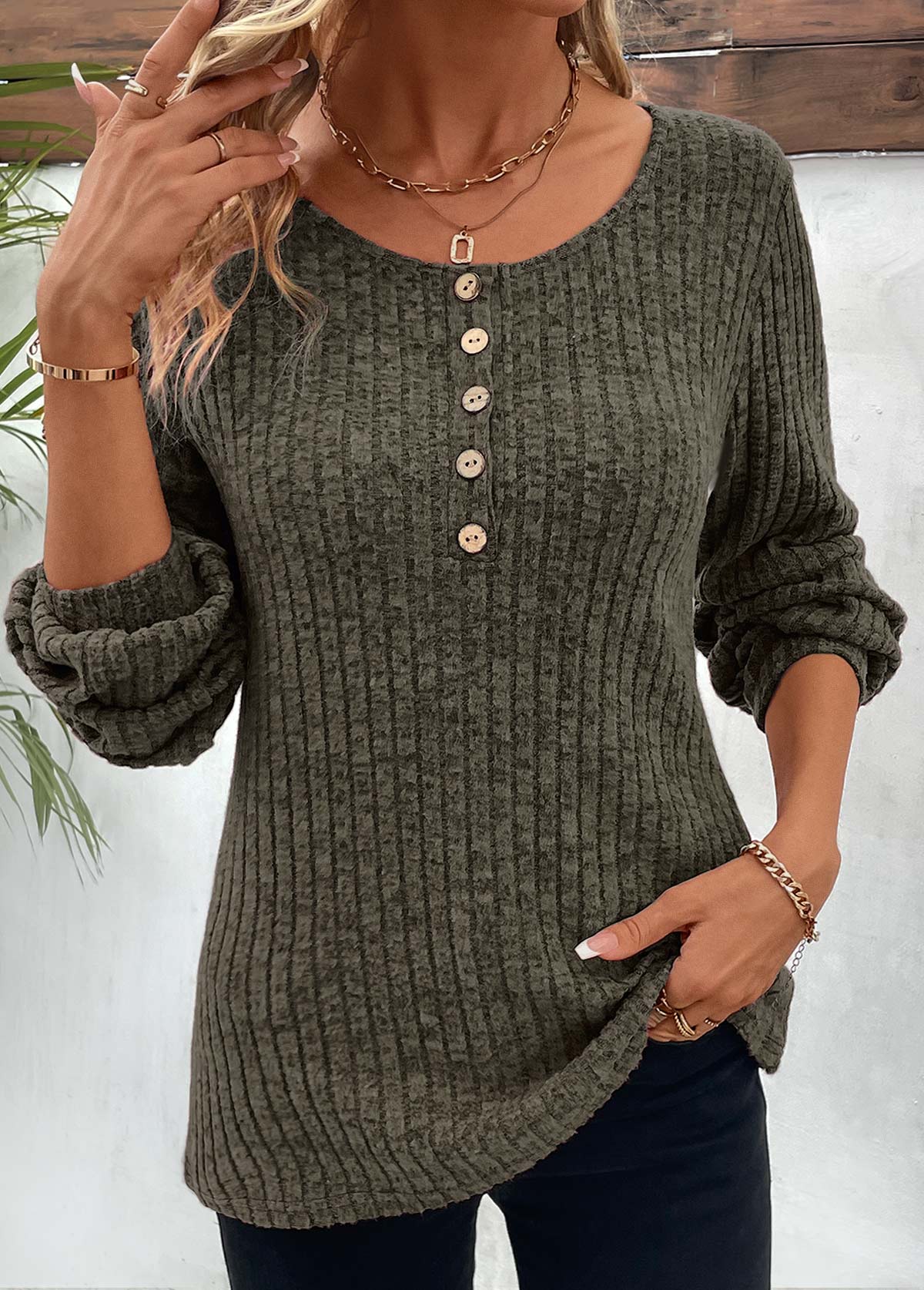 Button Olive Green Round Neck Long Sleeve T Shirt