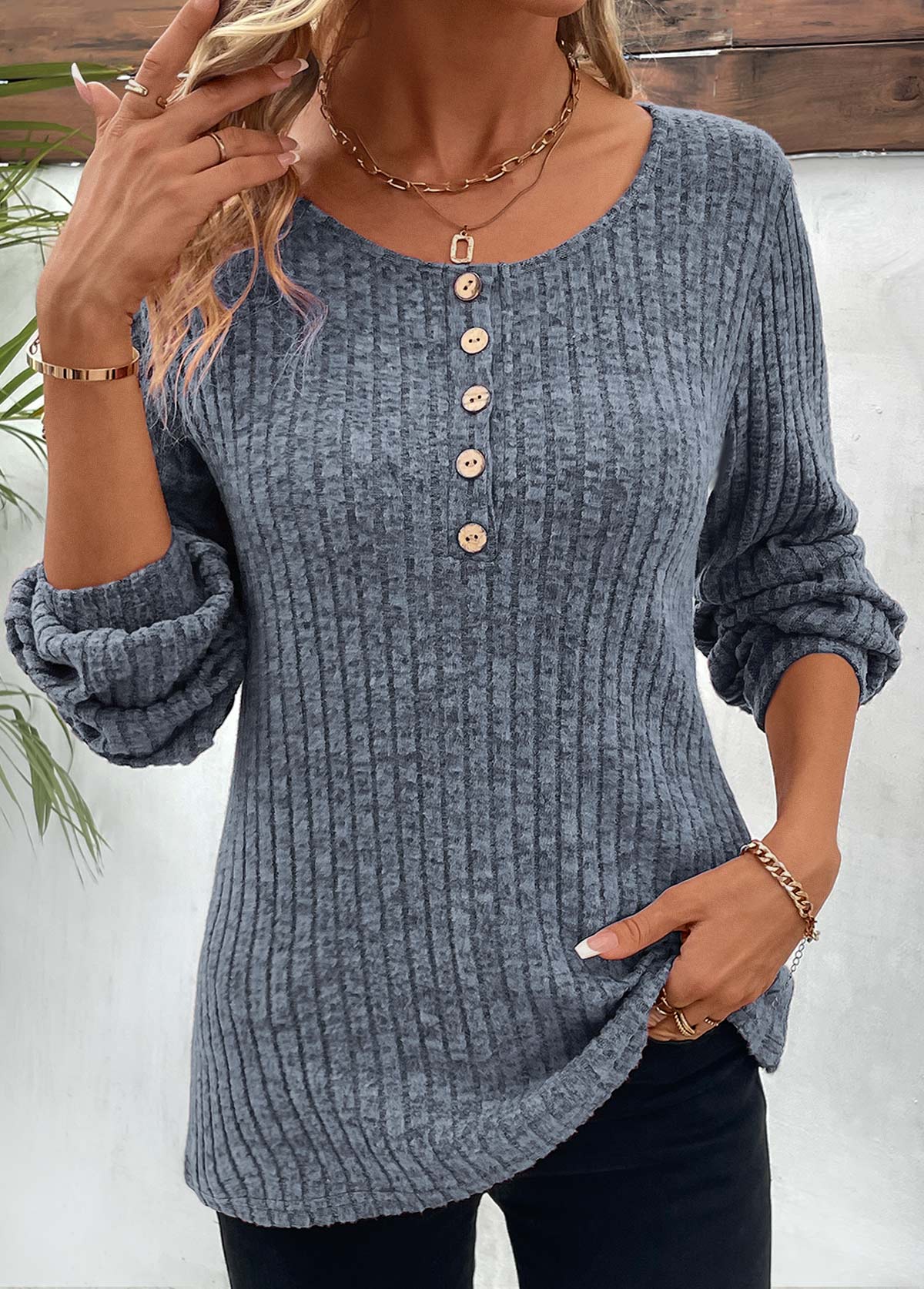 Button Dusty Blue Round Neck Long Sleeve T Shirt