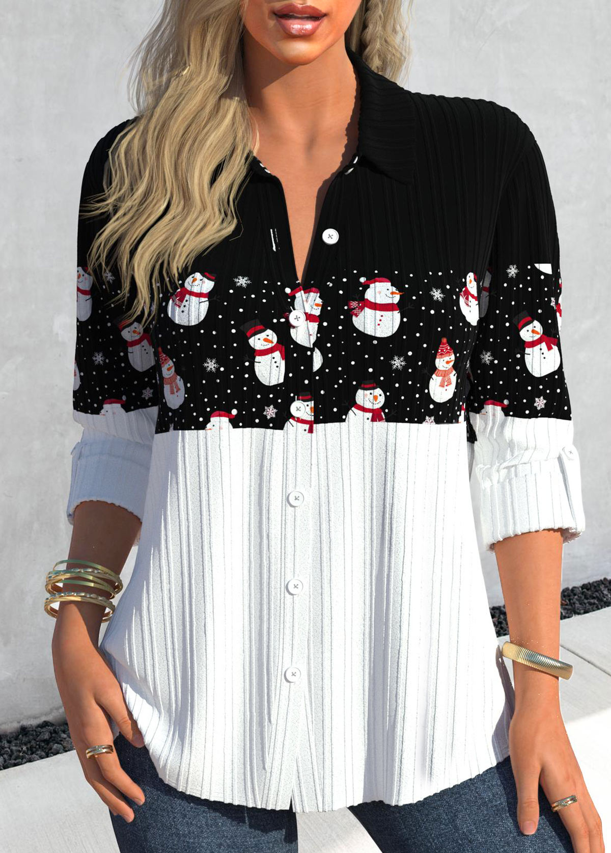 Black tops,Christmas tops,ROTITA Christmas Button Snowman Print Black Shirt Collar Blouse