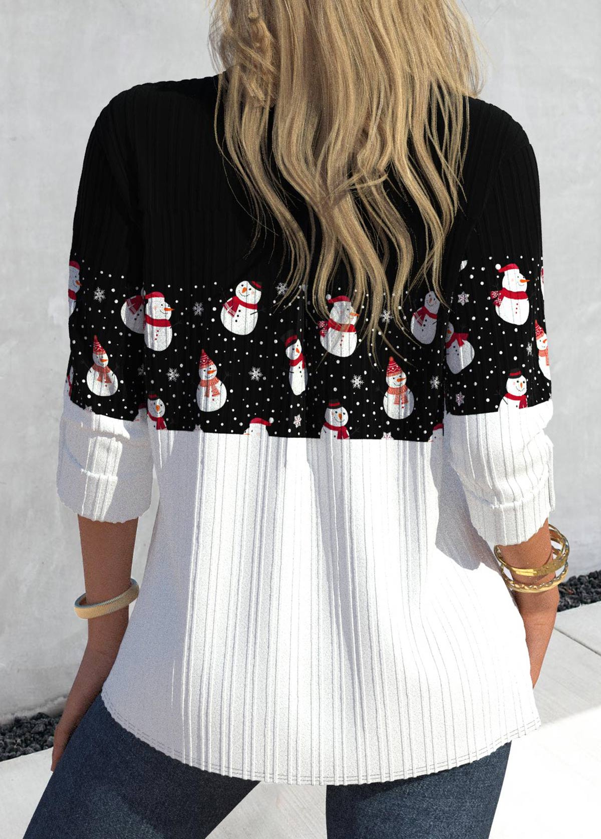 Black tops,Christmas tops,ROTITA Christmas Button Snowman Print Black Shirt Collar Blouse