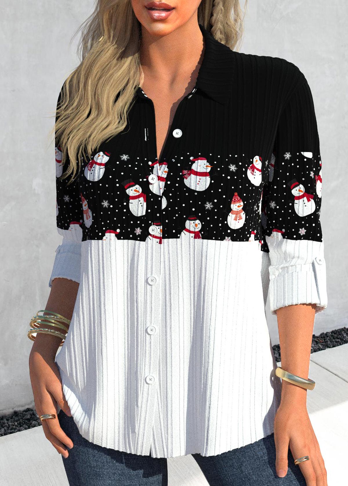 Black tops,Christmas tops,ROTITA Christmas Button Snowman Print Black Shirt Collar Blouse