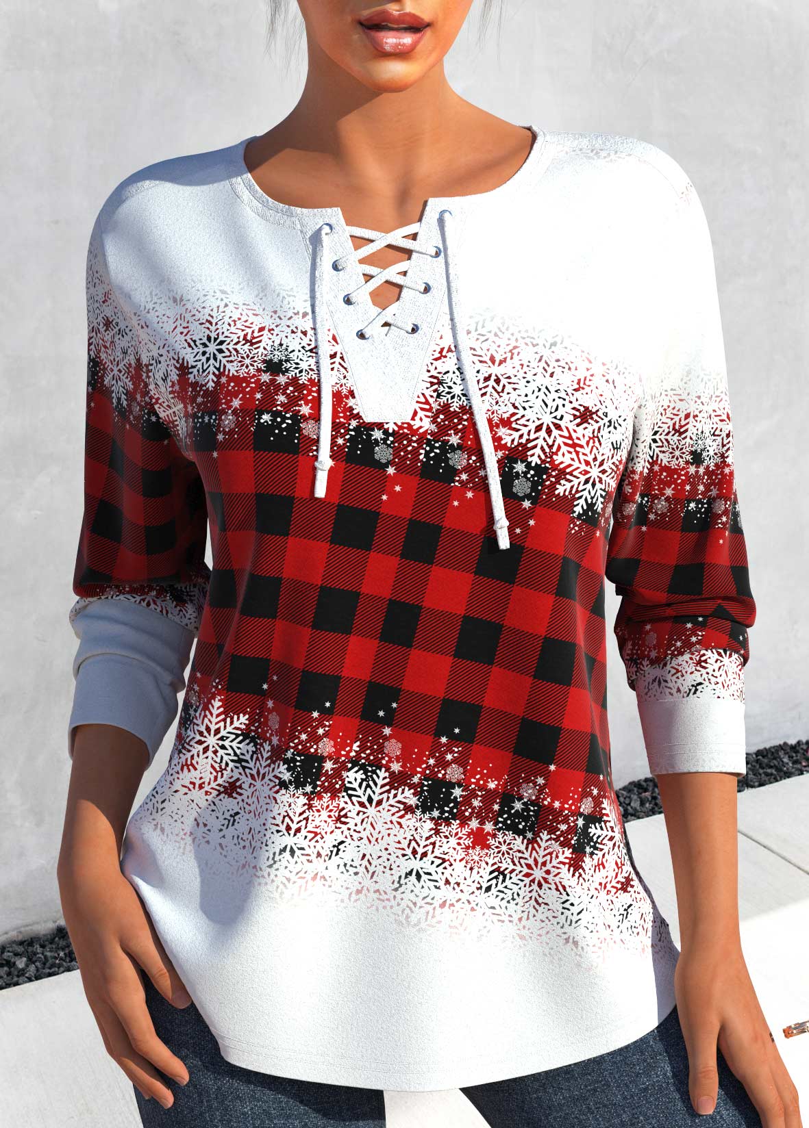 ROTITA Lace Up Snowflake Print Red Split Neck Sweatshirt