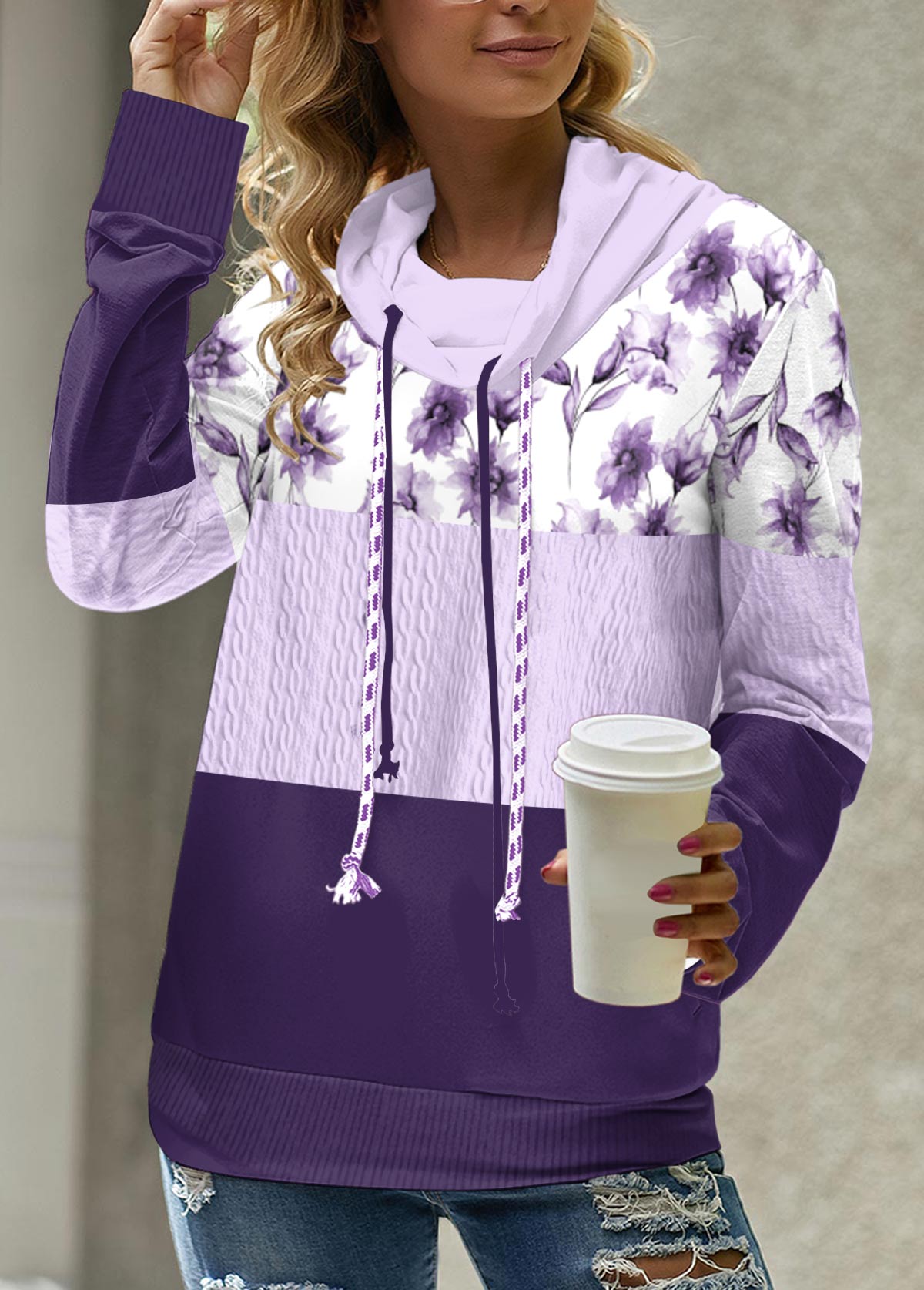 Light Purple tops,Floral tops,Plants tops,ROTITA Patchwork Floral Print Light Purple Cowl Neck Sweatshirt