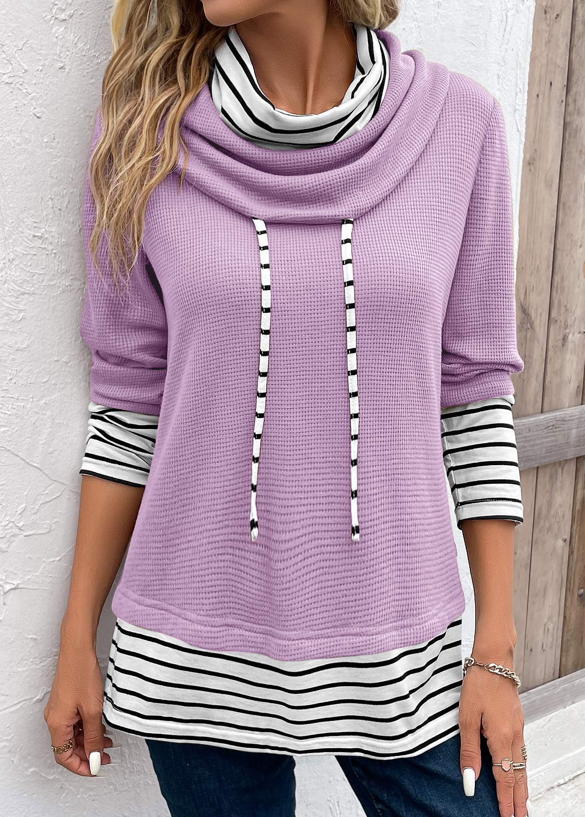 ROTITA Patchwork Striped Light Purple Cowl Neck Long Sleeve Sweatshirt
