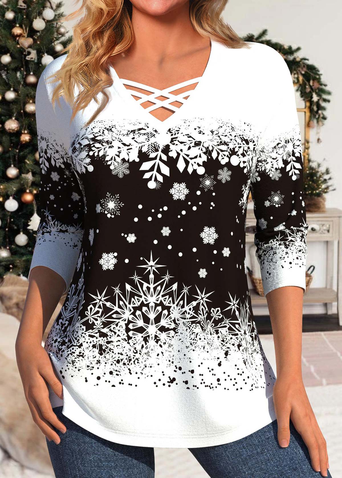 ROTITA Snowflake Print White V Neck Long Sleeve T Shirt