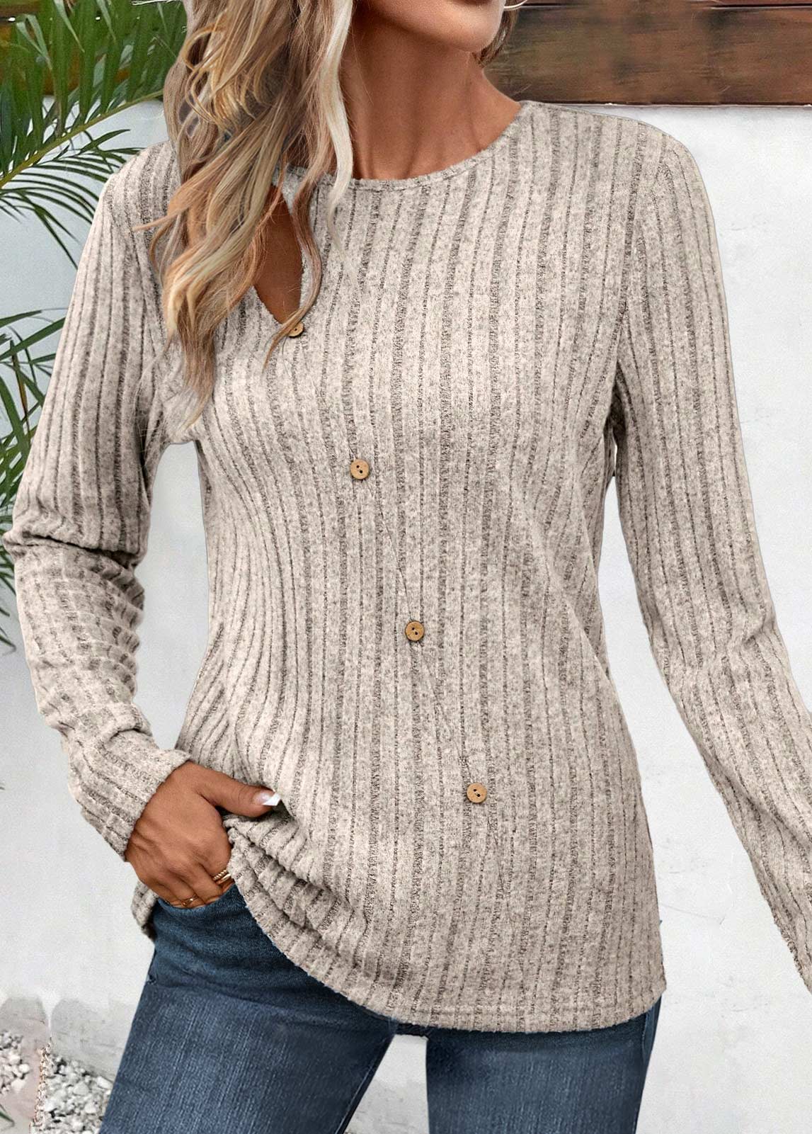 ROTITA Cut Out Light Camel Round Neck T Shirt