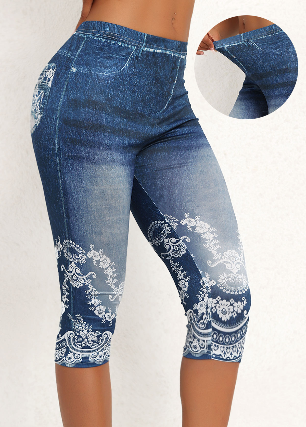 Rotita – pantalon skinny bleu en denim à imprimé floral taille élastique